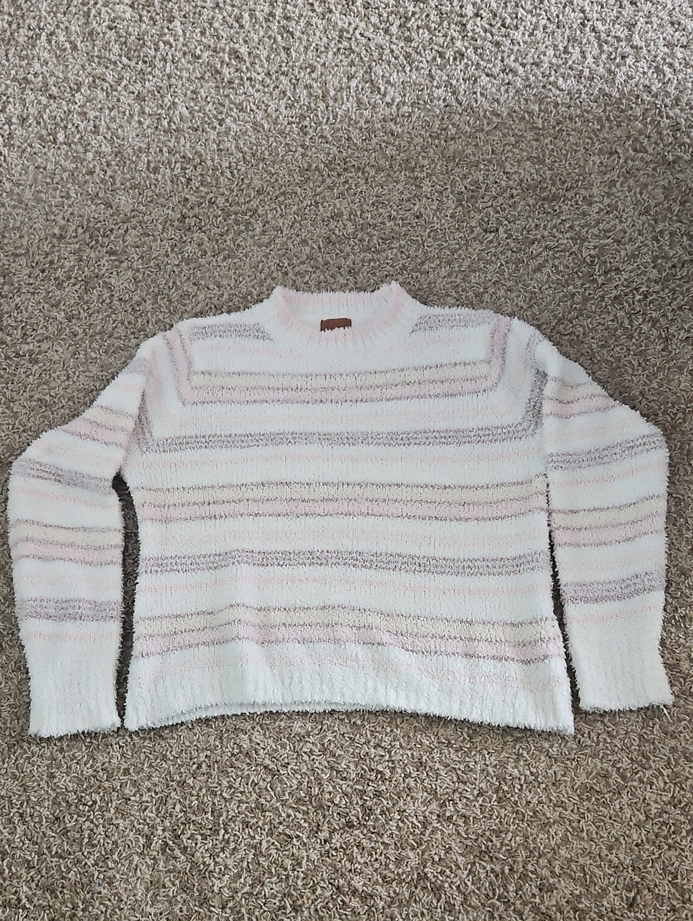 POL Plush Striped Crewneck Sweater in White and Pink